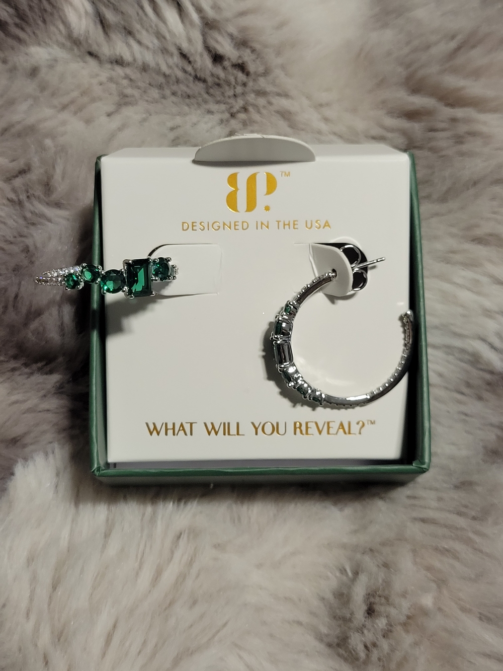 BP Silver Hoop and Stud Earrings with Emerald-Green Crystals